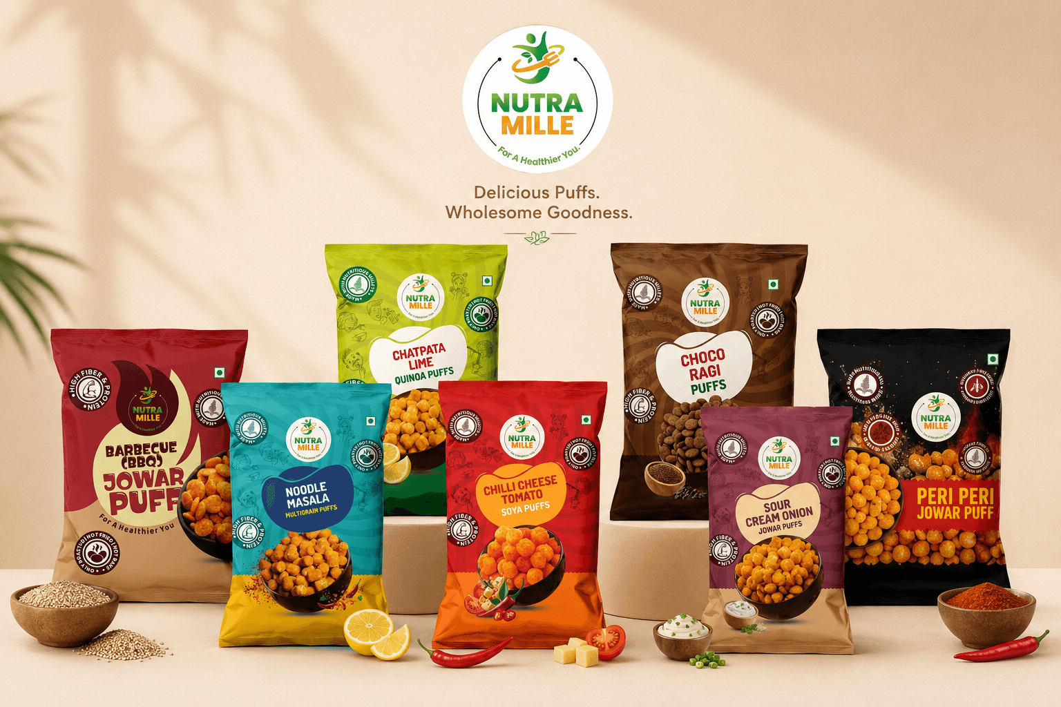 The full Nutra Mille range: seven puffed snack flavours, roasted not fried.