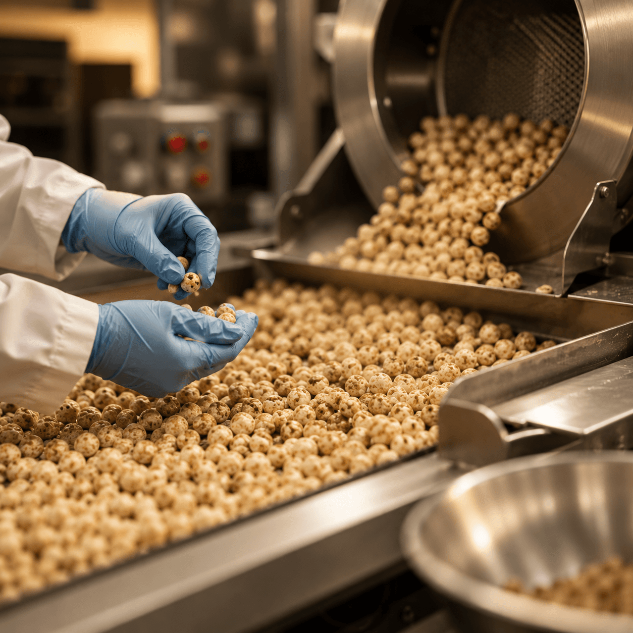 A quality inspector checking puffed grain on the production line