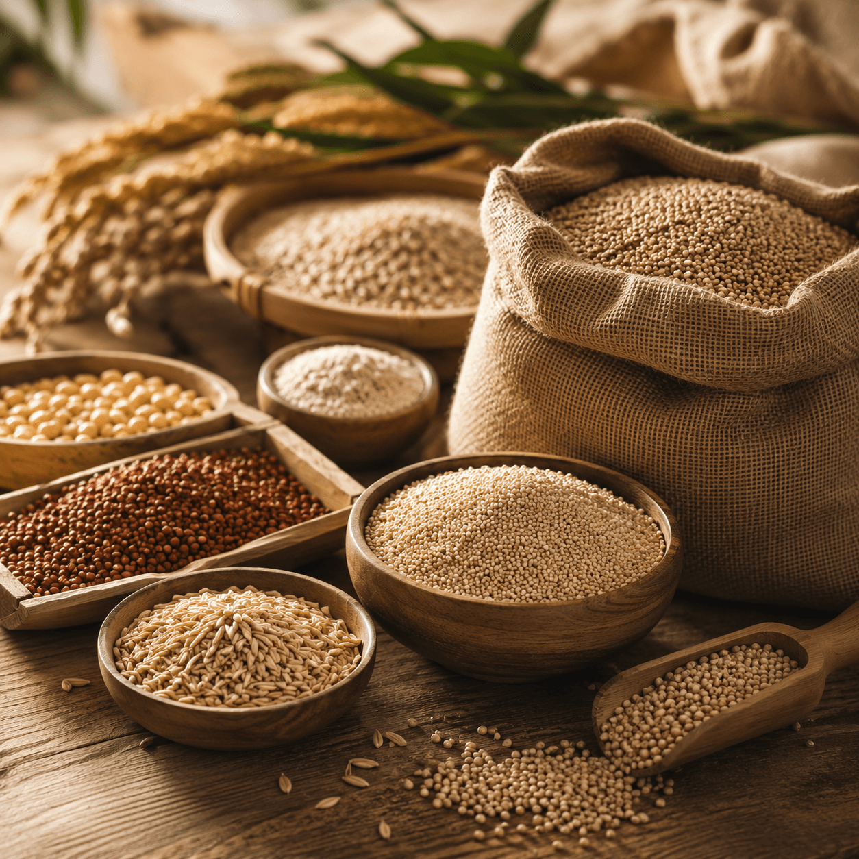 Millets, quinoa and other raw grains sorted in bowls before entering the process
